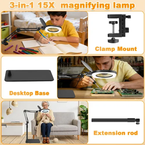 Miniatura 2 de Lupa 15X con luz y soporte, lámpara de aumento 3 en 1, lupa con iluminación LED de atenuación continua, lupas iluminadas para trabajo cercano