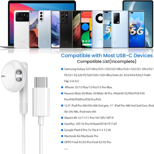 Miniatura 5 de Auriculares USB C para iPhone 17 16 15 Pro Max Plus iPad Pro USB C Auriculares con micrófono Control de volumen USB C Auriculares con cable USB Tipo