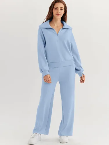 Miniatura 2 de AUTOMET Conjunto deportivo de 2 piezas para mujer, ropa de descanso, con cremallera de un cuarto, sudadera con pantalones de pierna ancha