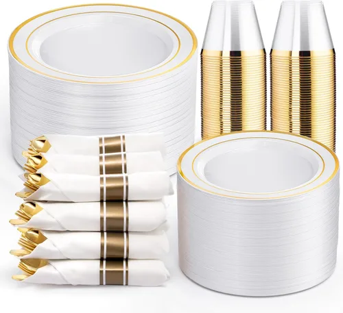 Miniatura 18 de WELLIFE 350 platos de plástico dorado transparente, 100 platos desechables, 150 cubiertos de plástico, 50 tazas, 50 servilletas para bodas y fiestas