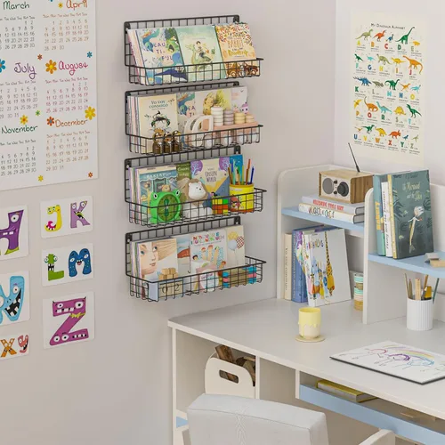 Miniatura 4 de X-cosrack Paquete de 4 estanterías de metal montadas en la pared, estantes flotantes para libros para niños, guardería, aula infantil, organizador