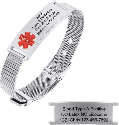 Miniatura 3 de Pulseras personalizadas de alerta médica para hombres, mujeres y niños, grabado gratuito, malla de acero inoxidable ajustable, pulsera