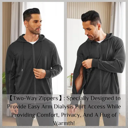 Miniatura 4 de Deyeek Sudaderas de diálisis con cremallera en el brazo, sudaderas con capucha y cremallera completa, chaqueta ligera de algodón de hemodiálisis