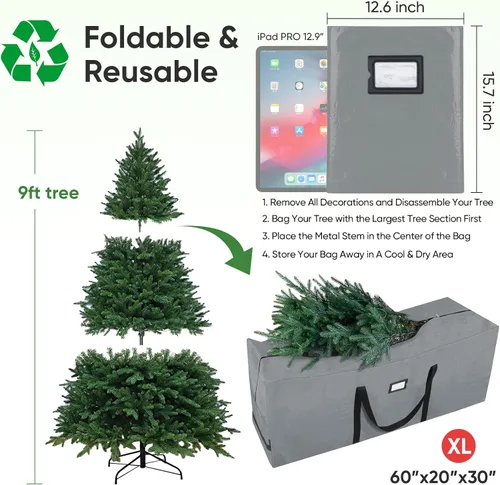 Miniatura 3 de BALEINE - Bolsa para guardar el árbol de Navidad de 9 pies, bolsa extra grande de alta resistencia para árbol de Navidad artificial con asas Gris