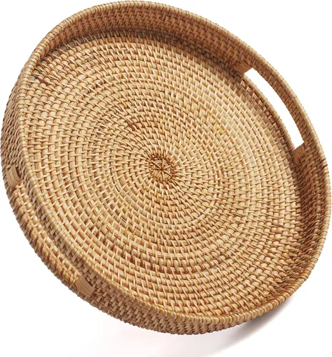 Bandeja redonda de ratán para servir, bandeja otomana tejida decorativa con asas para mesa de café natural (pequeña 11.8 pulgadas x 2 pulgadas)