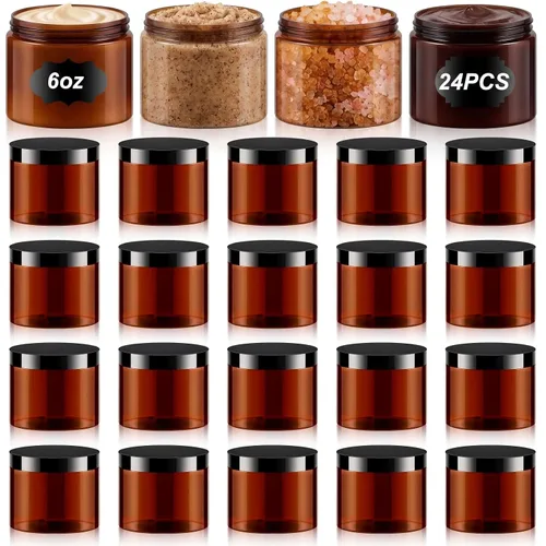 Miniatura 20 de Dandat 24 piezas 8 oz botes de plástico con tapa y etiqueta. Recipientes de muestra de cosméticos redondos ámbar PET recargables y vacíos para Ámbar