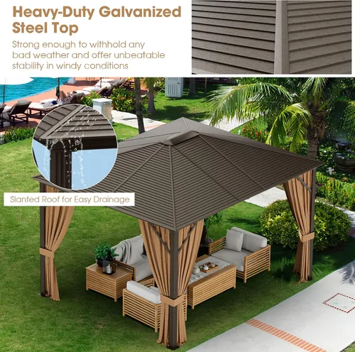 Miniatura 2 de Tangkula Gazebo de techo rígido de 12 x 10 pies, cenador de doble parte superior para exteriores con parte superior de acero galvanizado, marco