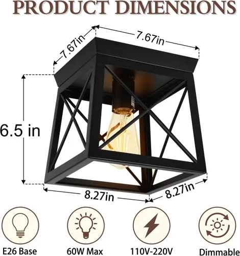 Miniatura 2 de 1 Light Black Industrial Flush Mount Ceiling Light Fixture - Square Farmhouse Caged Ceiling Light for Closet Kitchen Hallway Porch, E26, Dimmable
