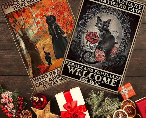 Miniatura 3 de PAIION Letrero de gato de bruja negra Once Upon A Time There was a girl who really Loved Cats Halloween vintage metal letreros de baño dormitorio