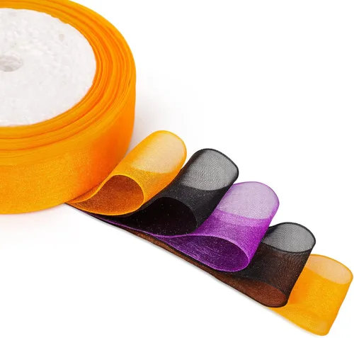 Miniatura 2 de Cinta de organza transparente, 1 pulgada x 125 yardas, 5 rollos de Halloween para envoltura de regalos, ramos, bodas, decoración de fiestas