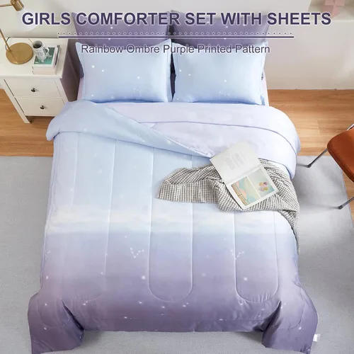 Miniatura 95 de Dinjoy Juego de edredón para niñas, tamaño individual, colorido, azul, rosa, morado, arcoíris, juego de ropa de cama de 6 piezas en una bolsa