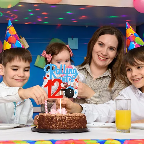 Miniatura 7 de Bowling Rolling Into 12 Happy 12th Birthaday - Decoración de pastel de bola de boliche de 12 cumpleaños con purpurina - Decoración de pastel