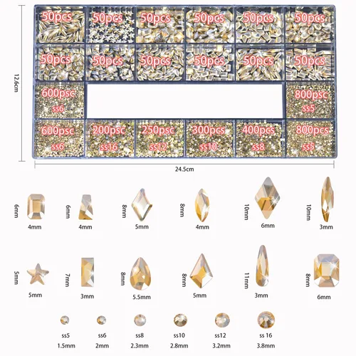 Miniatura 2 de Diamantes de imitación para uñas, 4300 unidades, oro champán, gemas de múltiples formas, diamantes de imitación de parte trasera plana, con kit
