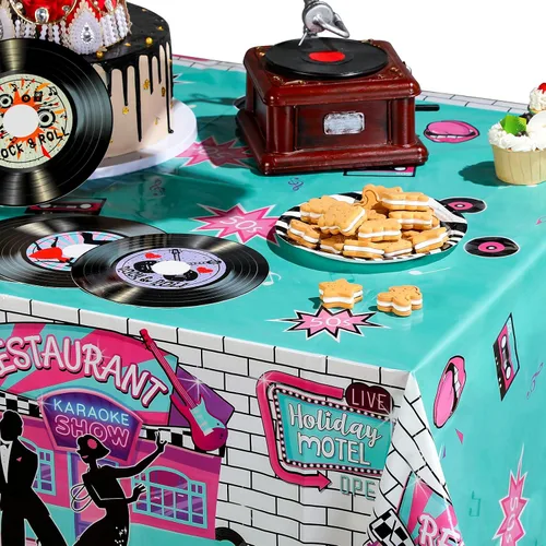 Miniatura 5 de Tiamon 1 mantel de los años 50, decoración de regalos de los años 50, cubierta de mesa de fiesta de rock and roll, mantel grande de plástico
