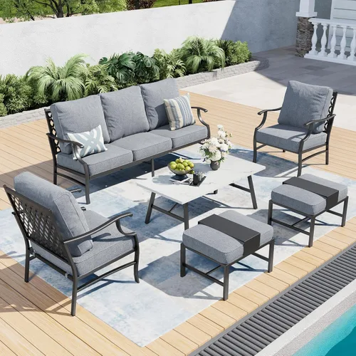 Miniatura 18 de SUNSHINE VALLEY Juego de muebles de patio al aire libre de 7 piezas, moderno juego de conversación de patio exterior con cojín extra grueso de 5.75