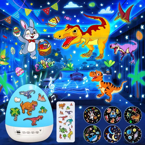 Luz de huevo de dinosaurio para máquina de sonido de guardería | 15 sonidos para dormir+películas de 12HD+rotación de 360° | Regalos de dnio para