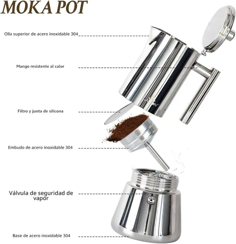Miniatura 3 de LAOION Cafetera de Espresso para Estufa, Olla Moka de 6 Tazas 10 oz, Cafetera Cubana y Italiana de Acero Inoxidable para Cafetera Cubana, Compatible