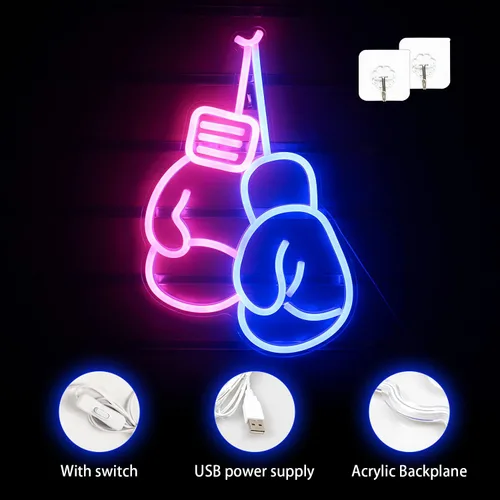 Miniatura 4 de Lucunstar Guantes de boxeo de neón, letrero de luz LED azul y rosa, guantes de boxeo, letreros de neón para decoración de pared de gimnasio, luz