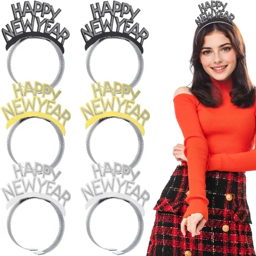 Amosfun Happy New Year Tiara - Diadema para fiesta de Año Nuevo, color dorado, plateado y negro, 12 piezas