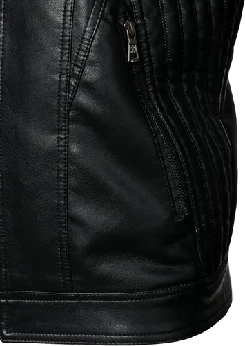 Miniatura 5 de HOOD CREW Chaquetas de cuero para hombre, chaqueta de motocicleta negra, cuello alto, chaqueta de piel sintética