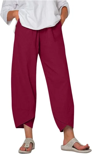 Miniatura 33 de Pantalones Capri de Lino de Algodón para Mujer 2025, Pantalones Palazzo Recortados Casuales con Estampado, Cintura Elástica, Pantalones Holgados
