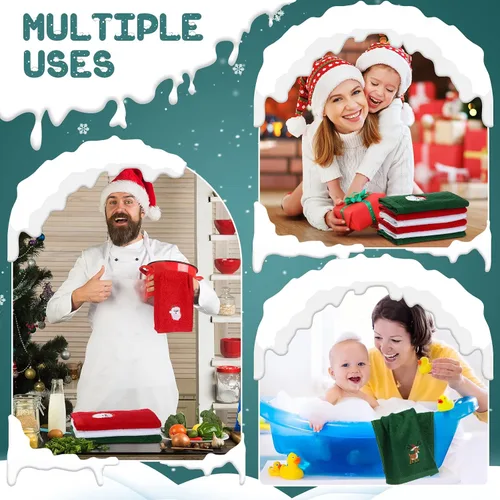 Miniatura 6 de Macarrie 12 toallas de mano navideñas para baño, cocina, paños de cocina de algodón, absorbentes, rojo, verde, blanco, regalos de Navidad