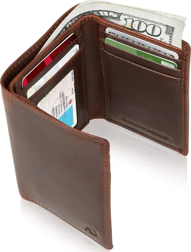 Miniatura 49 de Billetera de triple pliegue con RFID, cuero genuino, delgado, con ventana de identificación, bolsillo frontal, regalo para hombre