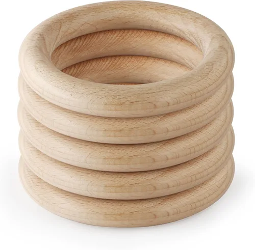 Miniatura 20 de FoDau770 5 anillos de madera de haya natural, anillos de madera maciza sin terminar, círculos de madera resistente, círculos de macramé