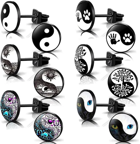 YCL&TXL Juego de 6 pares de aretes de acero inoxidable con patrón Yin y Yang para hombre, redondos, color negro, 0.394 in, Acero inoxidable, No es