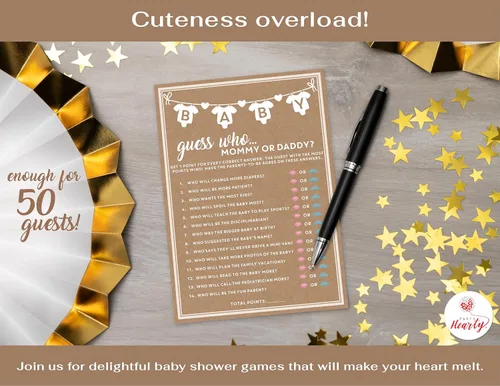 Miniatura 6 de Party Hearty Juego de 50 piezas de Baby Shower para niña o niño, mamá o papá Adivina quién, divertidas tarjetas de actividad, género neutro, ideas