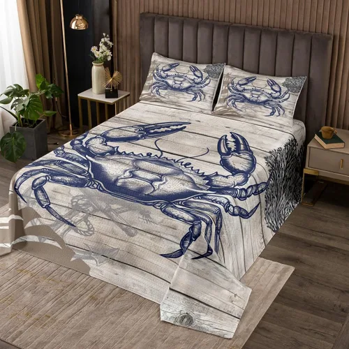 Crab Lightweight Quilt Set for Kids Teens,Lighthouse Bedspread Coverlet,Nautical Theme Bed Cover Anchor Bedding Set Decorative Quilted 2 Pcs