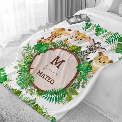 Miniatura 6 de Manta personalizada de animales bebés para niños y niñas, mantas personalizadas con nombre, manta ligera de franela suave para ropa de cama, sofá