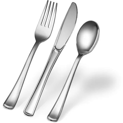 Miniatura 3 de Plasticpro Tenedores desechables de plástico plateado resistente, cubiertos de plástico elegante que parecen cubiertos de plata real, utensilios