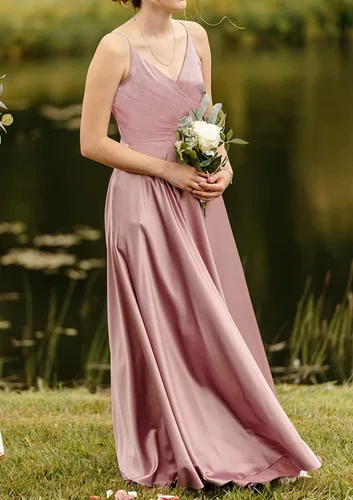 Miniatura 3 de Vestido de dama de honor de satén con cuello en V para mujer, largo, plisado, vestido formal con abertura