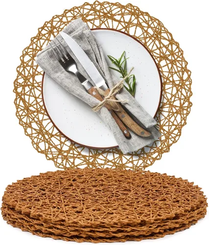 Miniatura 18 de AHHFSMEI Juego de 6 manteles individuales redondos trenzados de papel, naturales, antideslizantes, resistentes al calor, para mesas de comedor, Beige