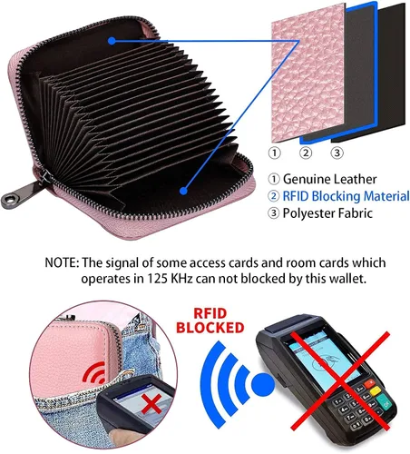 Miniatura 3 de Linno RFID 20 ranuras titular de la tarjeta de crédito de cuero genuino pequeña cartera para mujeres u hombres con cremallera