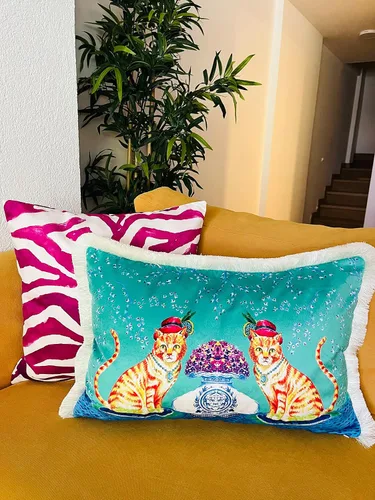 Miniatura 4 de Funda de almohada con patrón de gato amarillo, almohada de terciopelo turquesa, cojín de borla beige, almohada decorativa para decoración del hogar