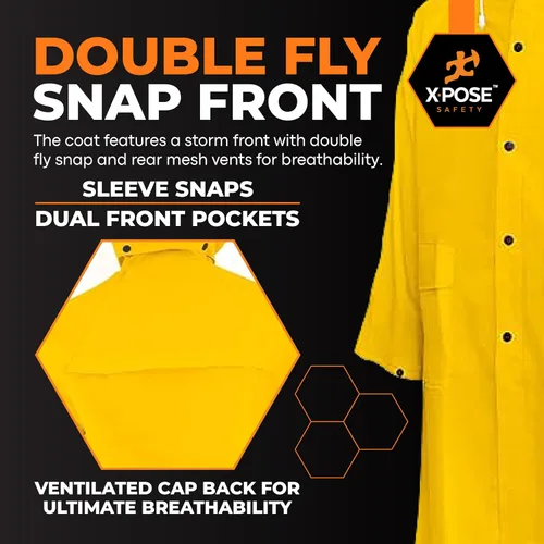 Miniatura 4 de Xpose Safety Chaqueta impermeable amarilla resistente de 0.014 in PVC 48in con capucha desmontable, impermeable, pesca