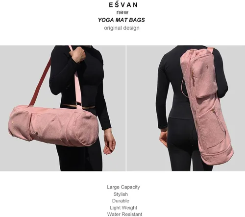 Miniatura 5 de ESVAN Bolsa para esterilla de yoga con múltiples bolsillos. Bolsa de transporte con cordón para esterilla de yoga, Pilates, ejercicio. Bolsa de Lino