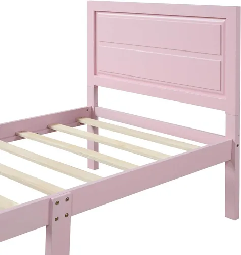 Miniatura 7 de SOFTSEA Base de cama de madera de plataforma individual con cabecero y estribo, base de colchón con soporte de listones de madera (individual, rosa)
