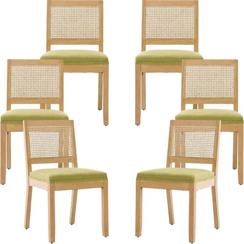 Miniatura 61 de Juego de 2 sillas de comedor de campo francés, sillas de comedor de madera de granja beige, silla de comedor con respaldo tejido con cojín tapizado