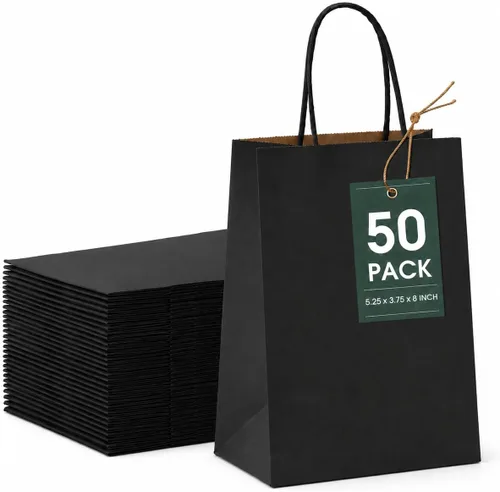 Miniatura 20 de GSSUSA Bolsas de papel negras de 8 x 4.25 x 10.5 pulgadas, 20 unidades, bolsa de papel de regalo con asas a granel, regalo de graduación, papel