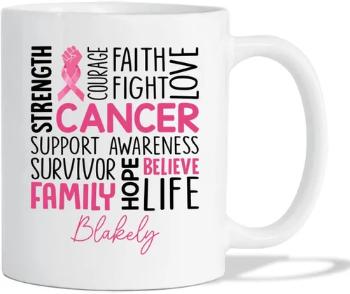 Miniatura 19 de Taza de café de concientización sobre el cáncer de mama con nombre personalizado, taza de café de 11 onzas, taza de té de cerámica blanca