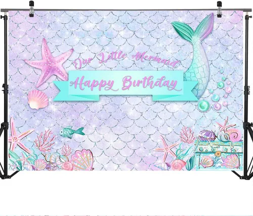 Miniatura 3 de Mocsicka Telón de fondo de sirena de cumpleaños con purpurina púrpura bajo el mar, decoración de fondo para fiesta de cumpleaños para niñas, conchas
