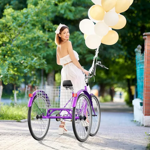 Miniatura 8 de Triciclo para adultos de 1 velocidad, bicicletas de 3 ruedas de 24 pulgadas con canasta grande, bicicleta de crucero para mujeres/hombres/personas