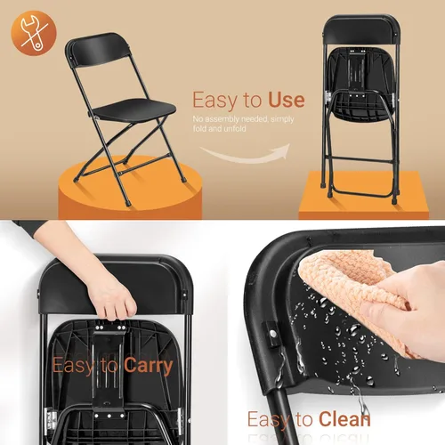 Miniatura 6 de FCH Silla plegable negra, marco de metal plegable con asiento de plástico sólido, portátil para eventos y fiestas, juego de comedor al aire libre