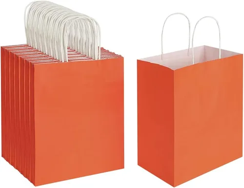 Oikss Paquete de 100 bolsas de papel kraft naranja medianas de 8 x 4.75 x 10 pulgadas con asas a granel para cumpleaños, bodas, fiestas,