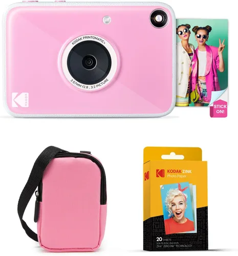 KODAK Printomatic+ Paquete de inicio de cámara digital de impresión instantánea + Estuche de transporte (rosa) + Papel fotográfico adhesivo Zink