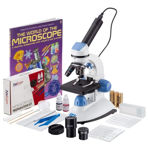IQCrew by AmScope M50C-B14-WM-E1 40X-1000X Microscopio de iluminación dual (azul) con ocular digital de 1.3MP, kit de preparación deslizante y libro