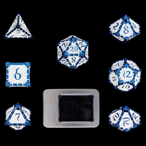Miniatura 11 de Cusdie 7 dados de metal con caja de metal, juego de dados poliédricos DND con diseño de daga, para juegos de rol, dados D&D (negro con fuente roja)